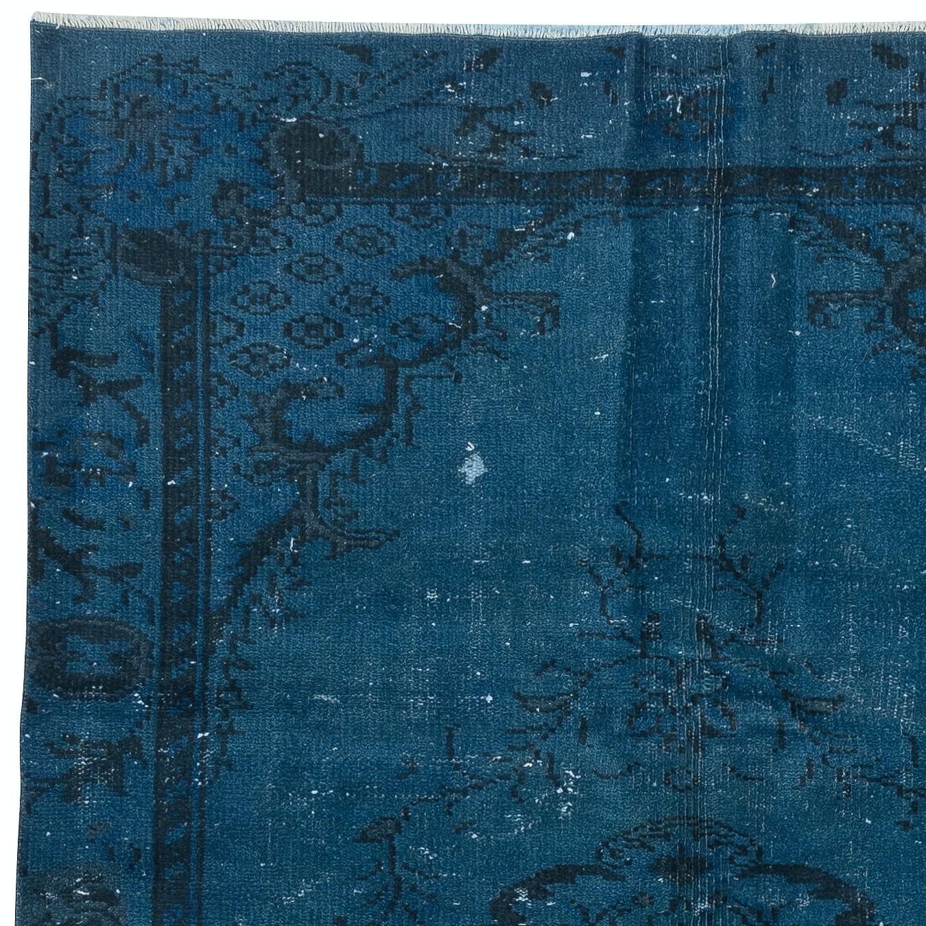 Alfombra turca de inspiración china Art Decó de 5x8 pies, hecha a mano, de color azul oscuro Turco en venta