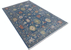 5x8 ft Contemporary Blue Turkish Area Rug, 100% Wool, Floral Oushak Style Carpet