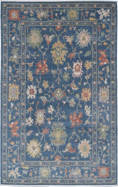 5x8 ft Contemporary Blue Turkish Area Rug, 100% Wool, Floral Oushak Style Carpet