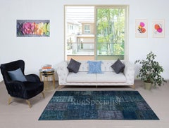 5x8 Ft Contemporary Turkish Hand-Knotted Wool Patchwork Rug in Shades of Blue