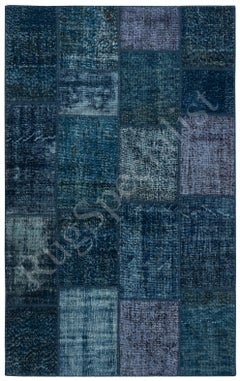 5x8 Ft Contemporary Turkish Hand-Knotted Wool Patchwork Rug in Shades of Blue