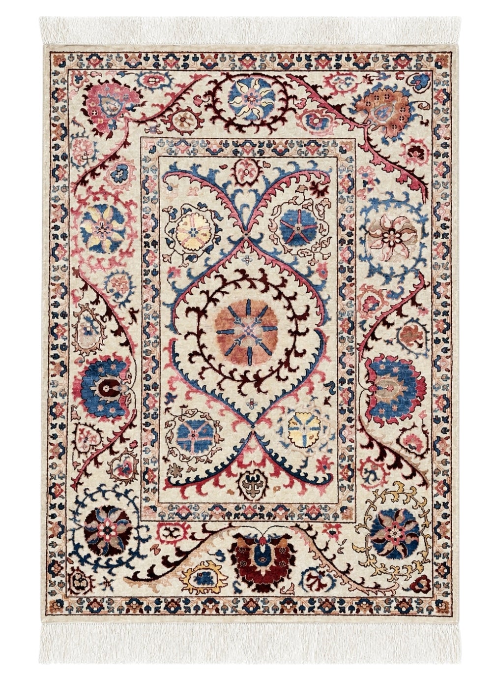 5x8 ft Decorative Handmade Wool and Silk Area Rug, Ivory Floral Vine Tapestry For Sale