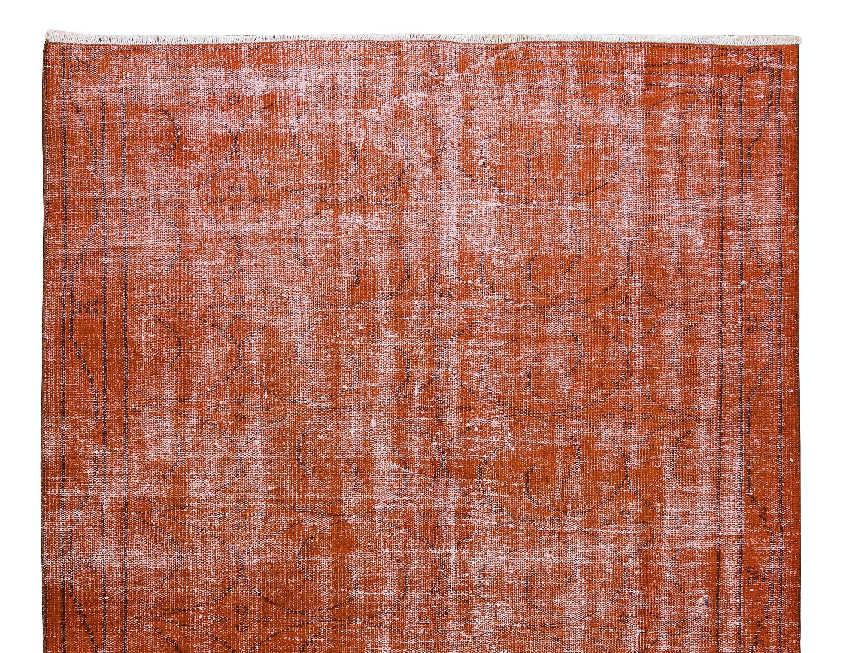 Hand-Knotted 5x8 Ft Hand Knotted Turkish Rug Over-Dyed in Orange for Contemporary Interiors For Sale