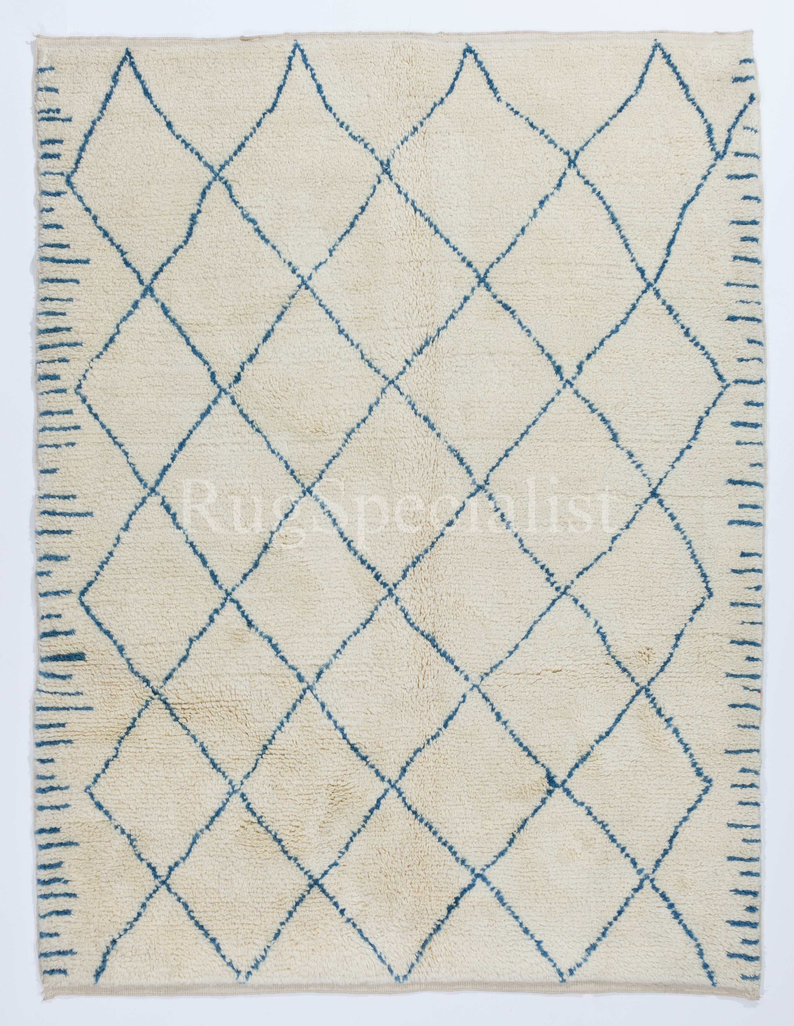 Tapis marocain 5x8 Ft en ivoire et bleu, 100% laine, options personnalisées disponibles en vente