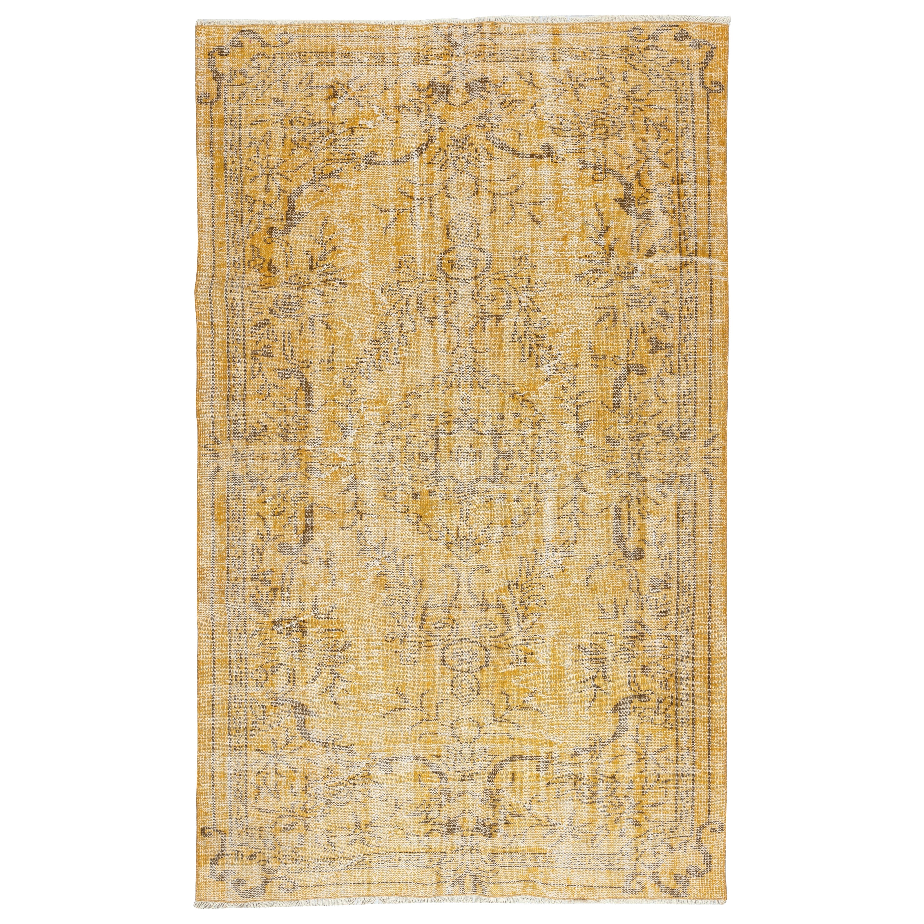 5x8 Ft Overdyed Gelber Wollteppich. Handgefertigter türkischer Vintage-Teppich für das Wohnzimmer