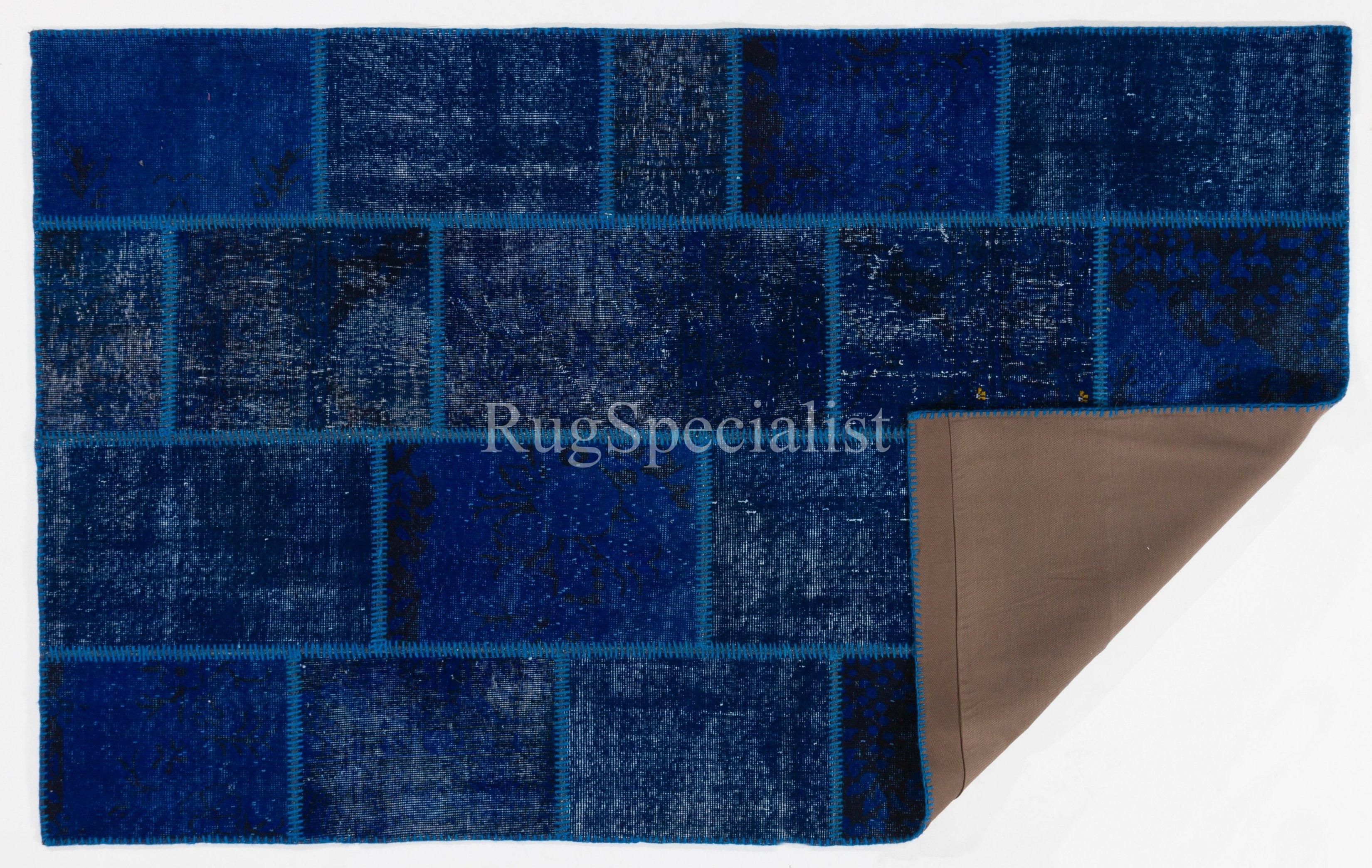Hand-Knotted 5x8 Ft Popular Navy Blue Modern Handmade Patchwork Rug, Custom Options Available For Sale
