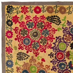 5x8 Ft Suzani 1979s Tapestry, Silk Embroidered Wall Hanging, Yellow Bedspread