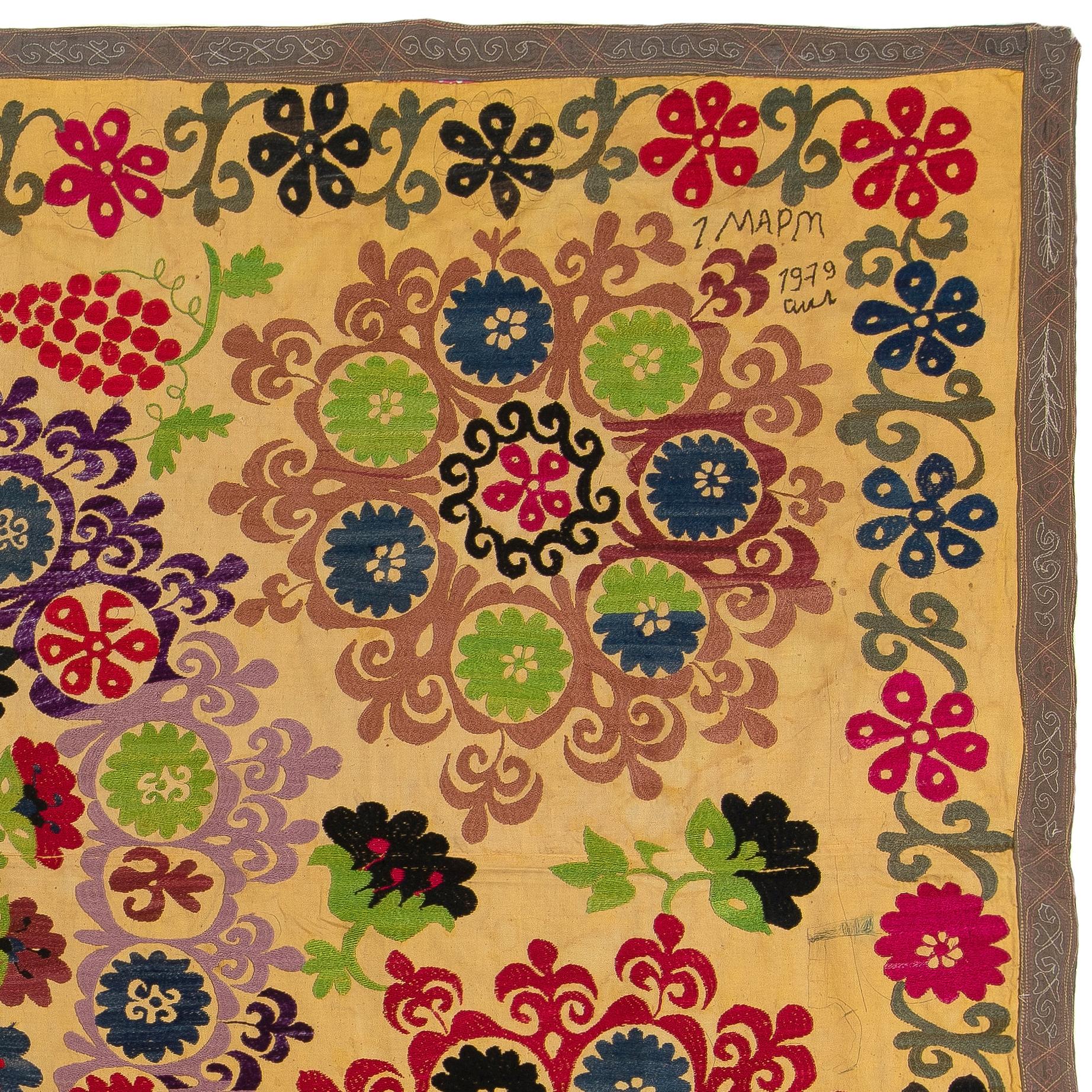 Uzbek 5x8 Ft Suzani 1979s Tapestry, Silk Embroidered Wall Hanging, Yellow Bedspread For Sale