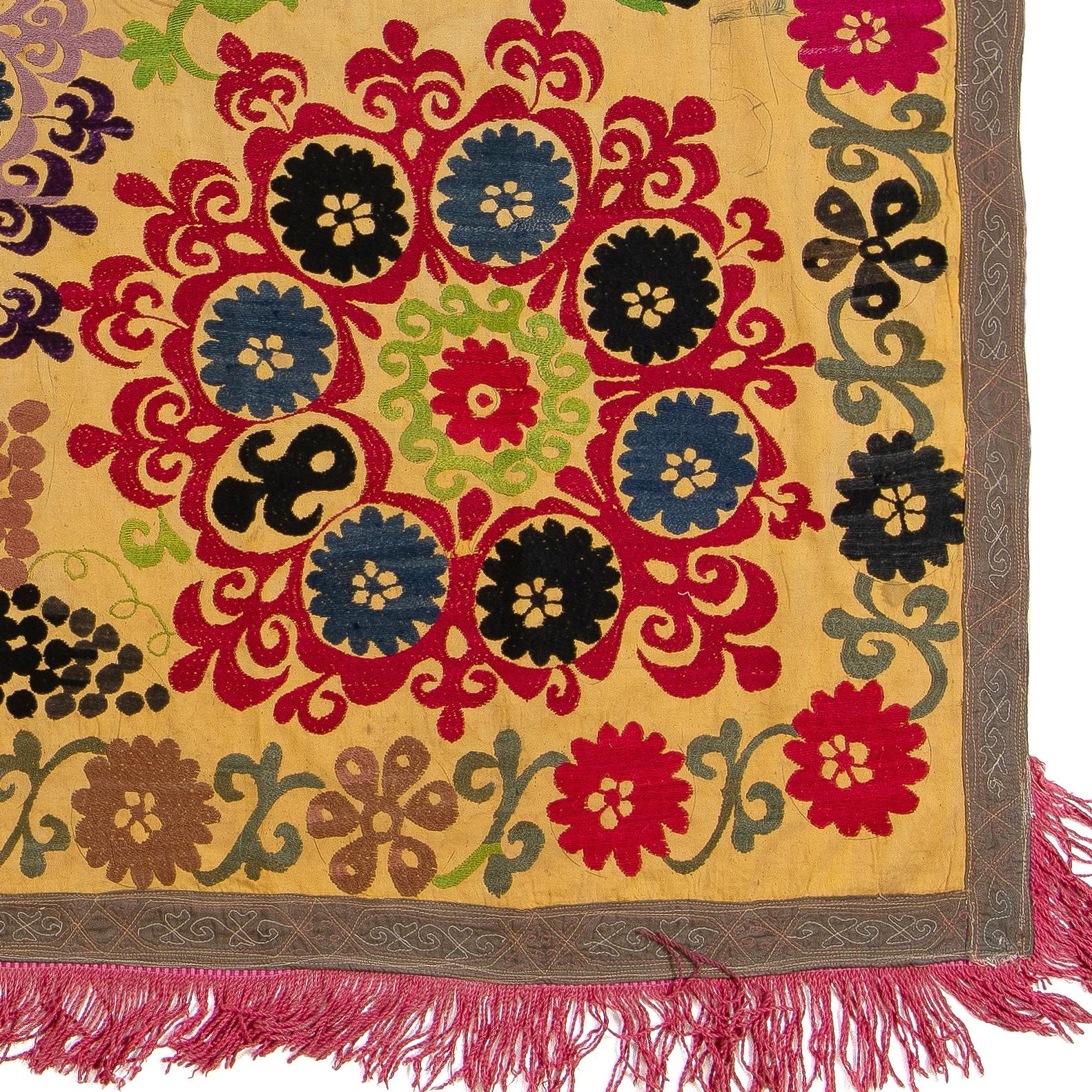Cotton 5x8 Ft Suzani 1979s Tapestry, Silk Embroidered Wall Hanging, Yellow Bedspread For Sale