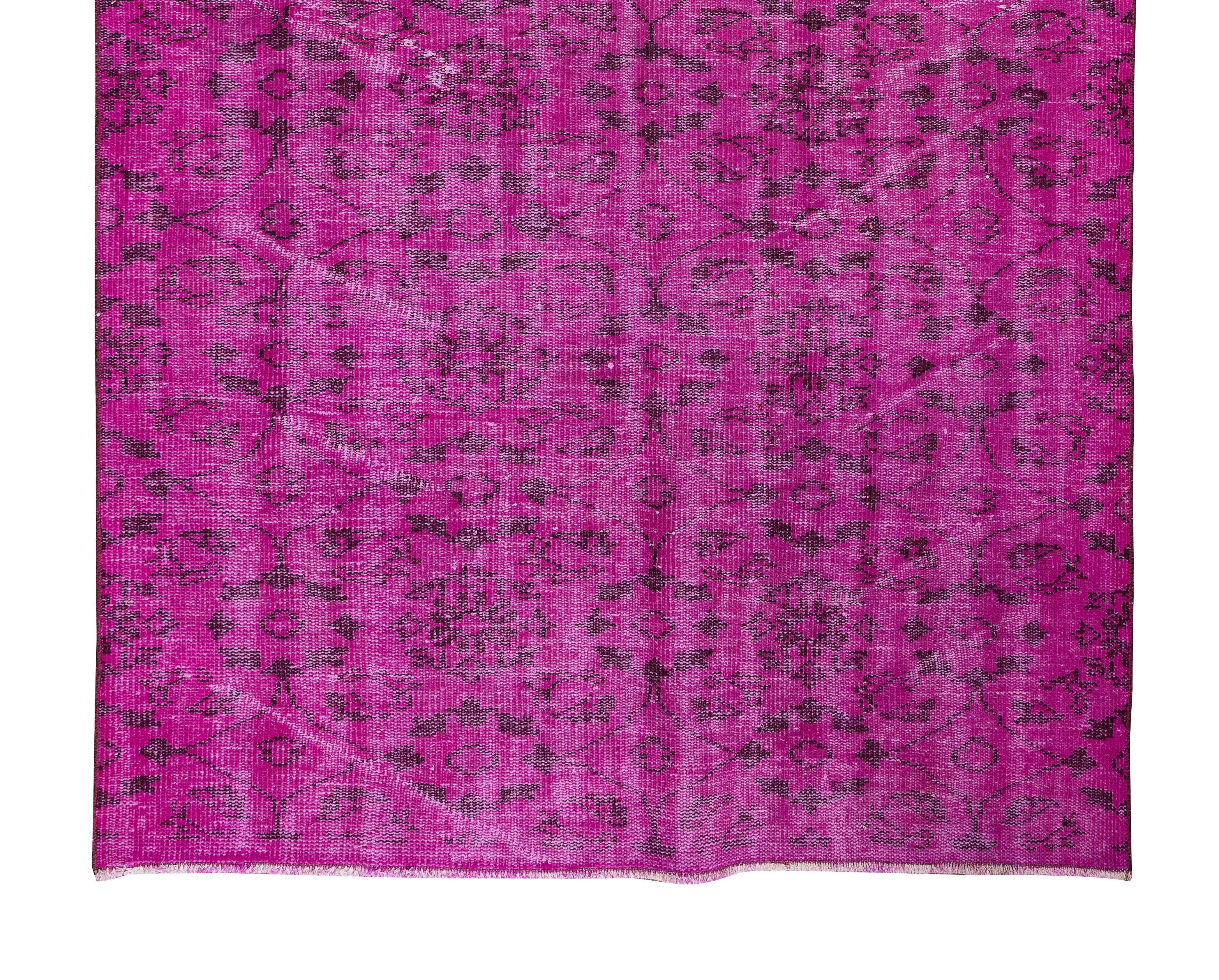 Hand-Knotted Vintage Handmade Turkish Rug Over-Dyed in Pink Color with Floral Design For Sale