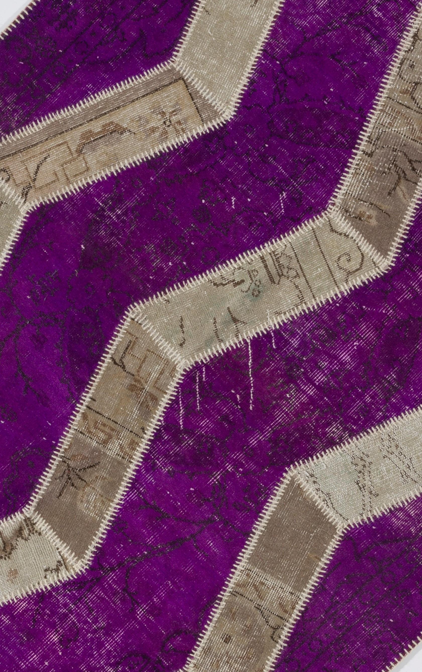 Hand-Woven Zig Zag Design Patchwork Rug, Purple, Beige & Sand Colors. Custom Modern Carpet For Sale