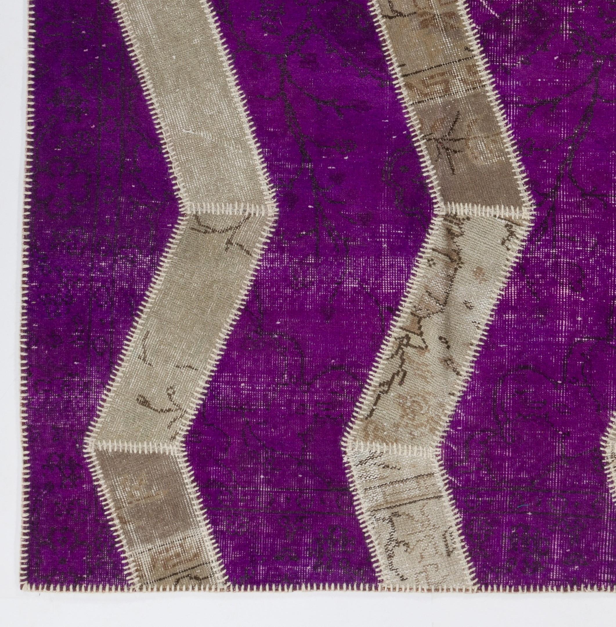 Contemporary Zig Zag Design Patchwork Rug, Purple, Beige & Sand Colors. Custom Modern Carpet For Sale