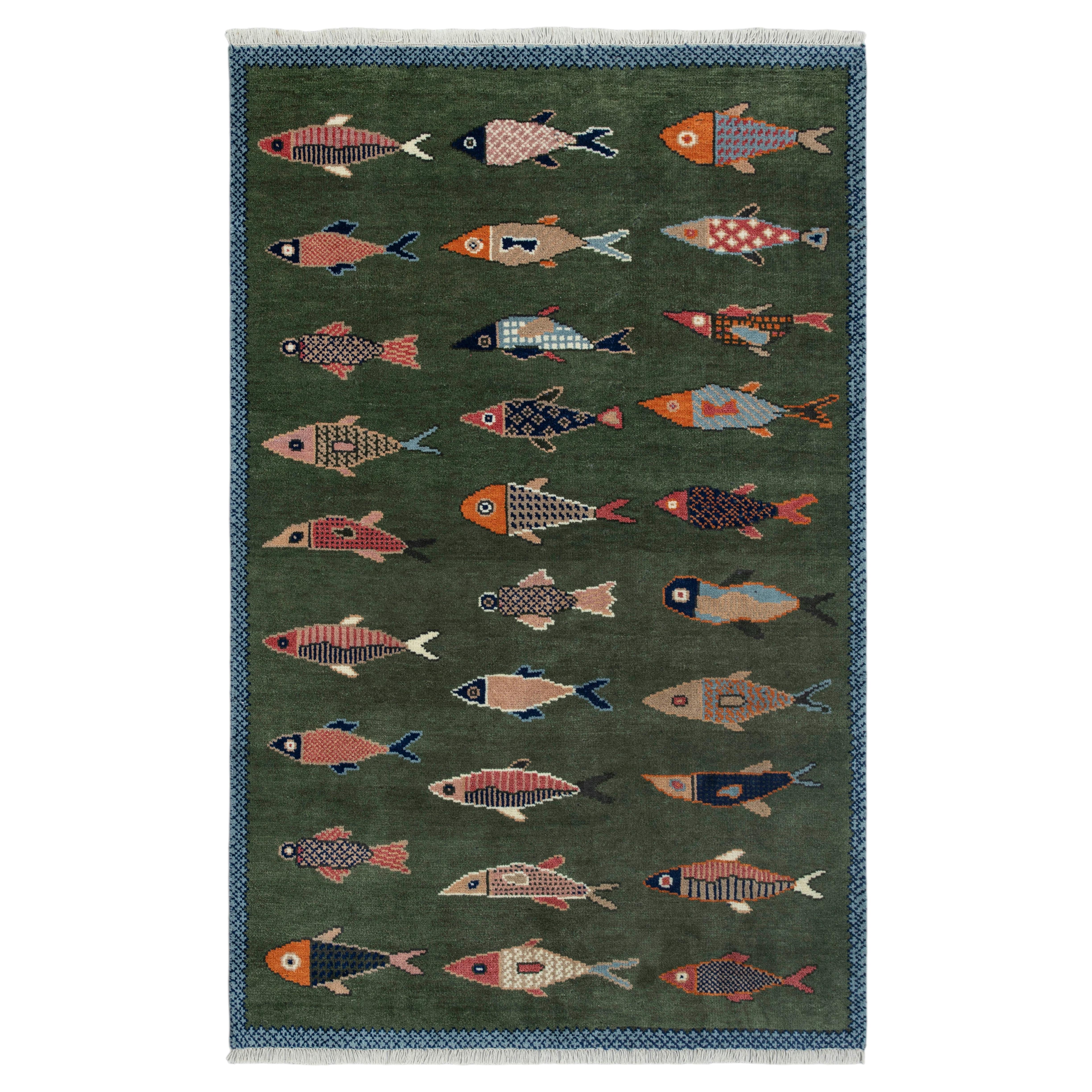 5x8 Green Fish Turkish Oushak Style Hand Knotted Hallway Wool Rug ( G - 15338 )