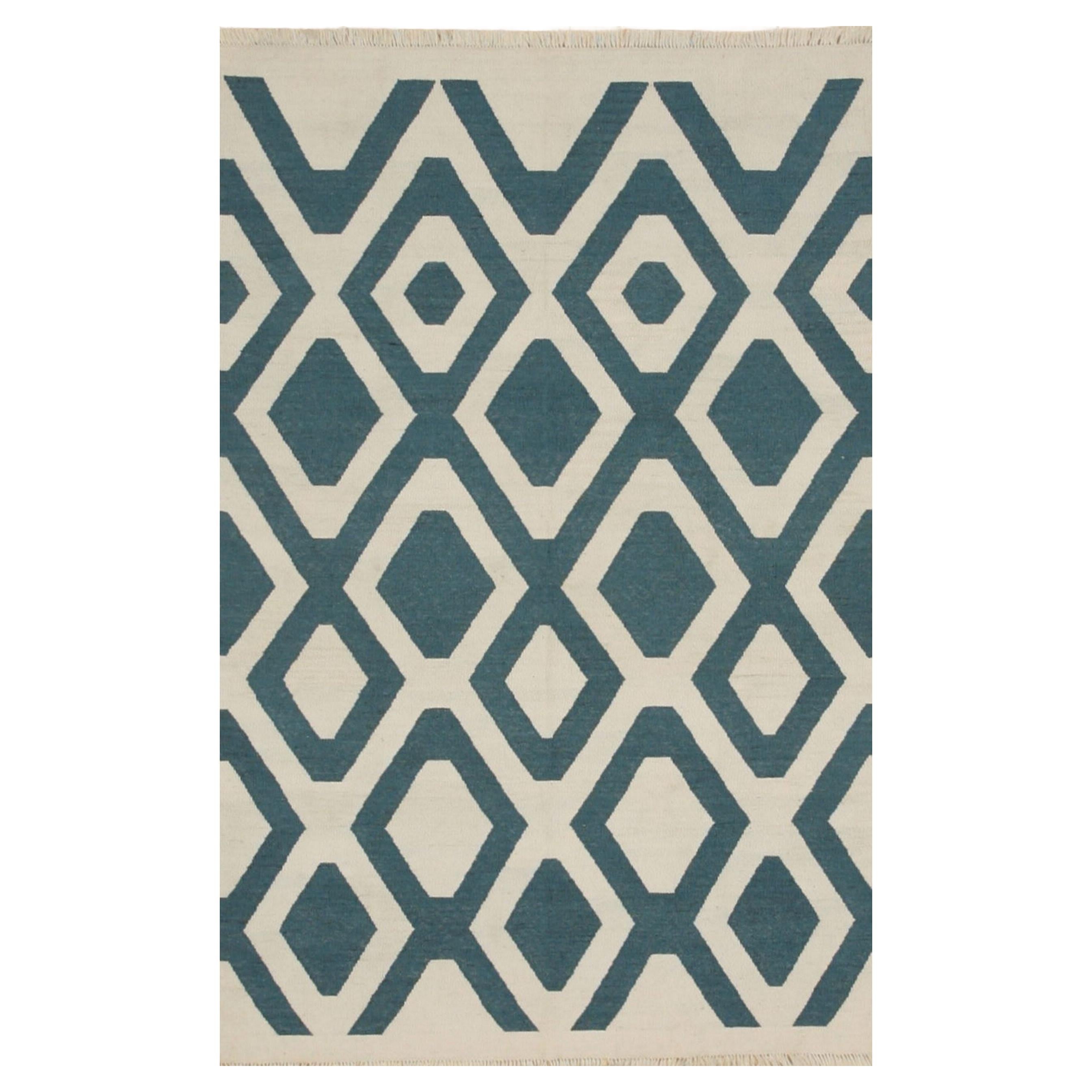 5x8 Ivory Flat Weave Wool Diamond Lattice Geometric Modern Carpet Rug For Sale