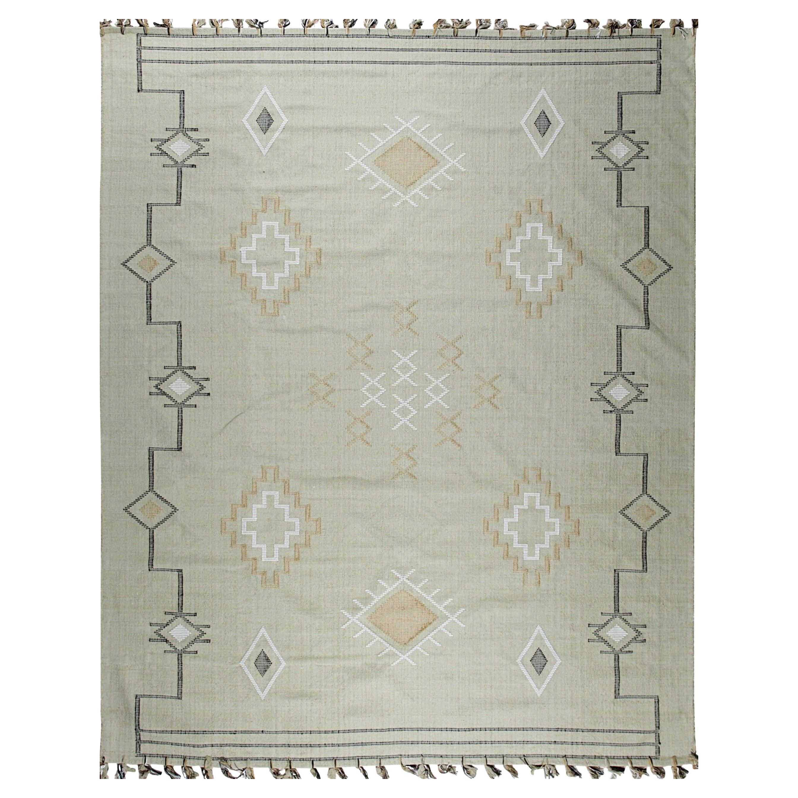 5x8 Ivory Hand-Knotted Wool Diamond Bordered Field Geometric Modern Carpet Rug