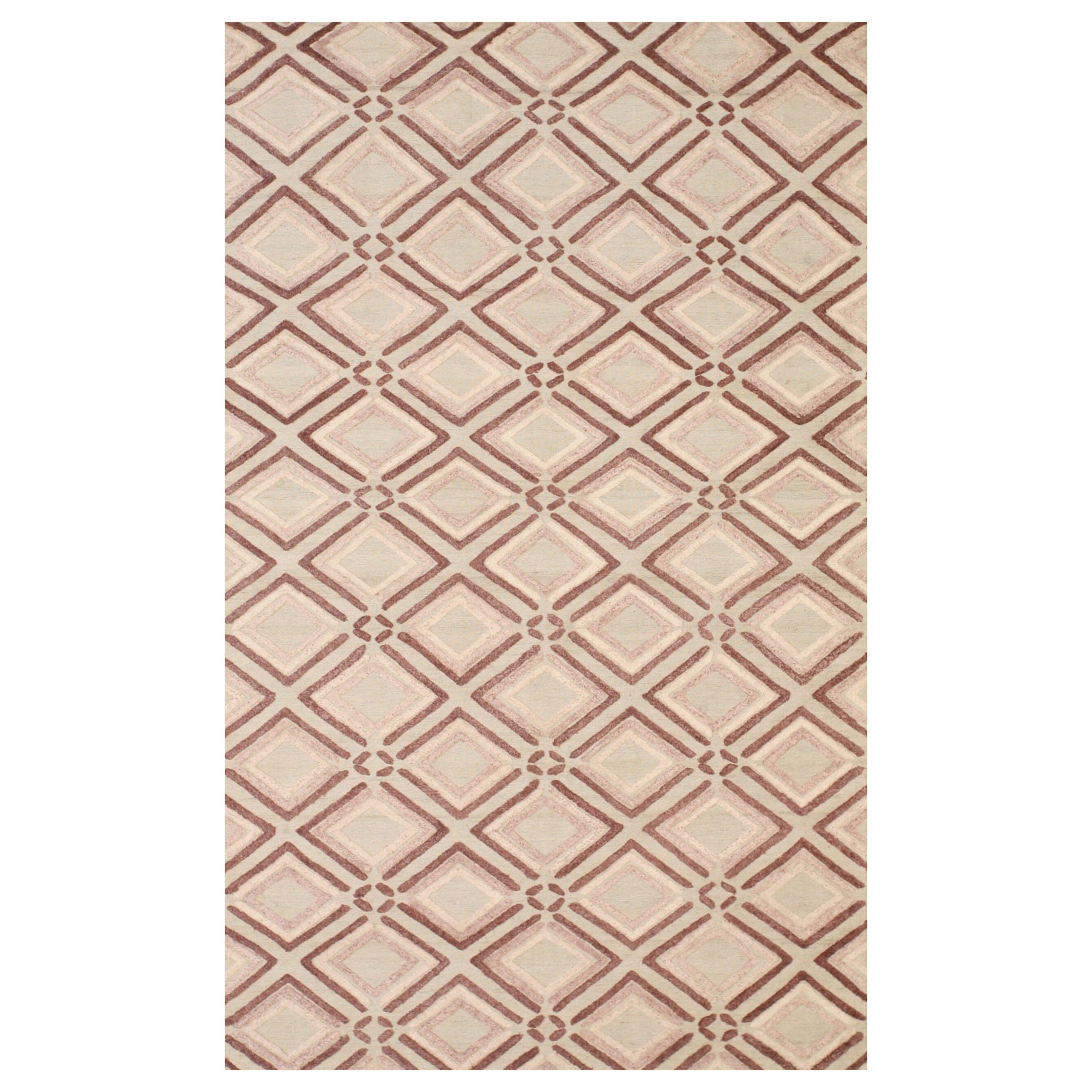 5x8 Ivory Hand-Knotted Wool Diamond Trelliswork Geometric Modern Carpet Rug For Sale