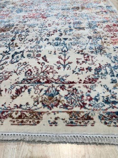 5x8 Ivory Machine Made Wool Viscose Faded Floral Border Geometric Carpet Rug