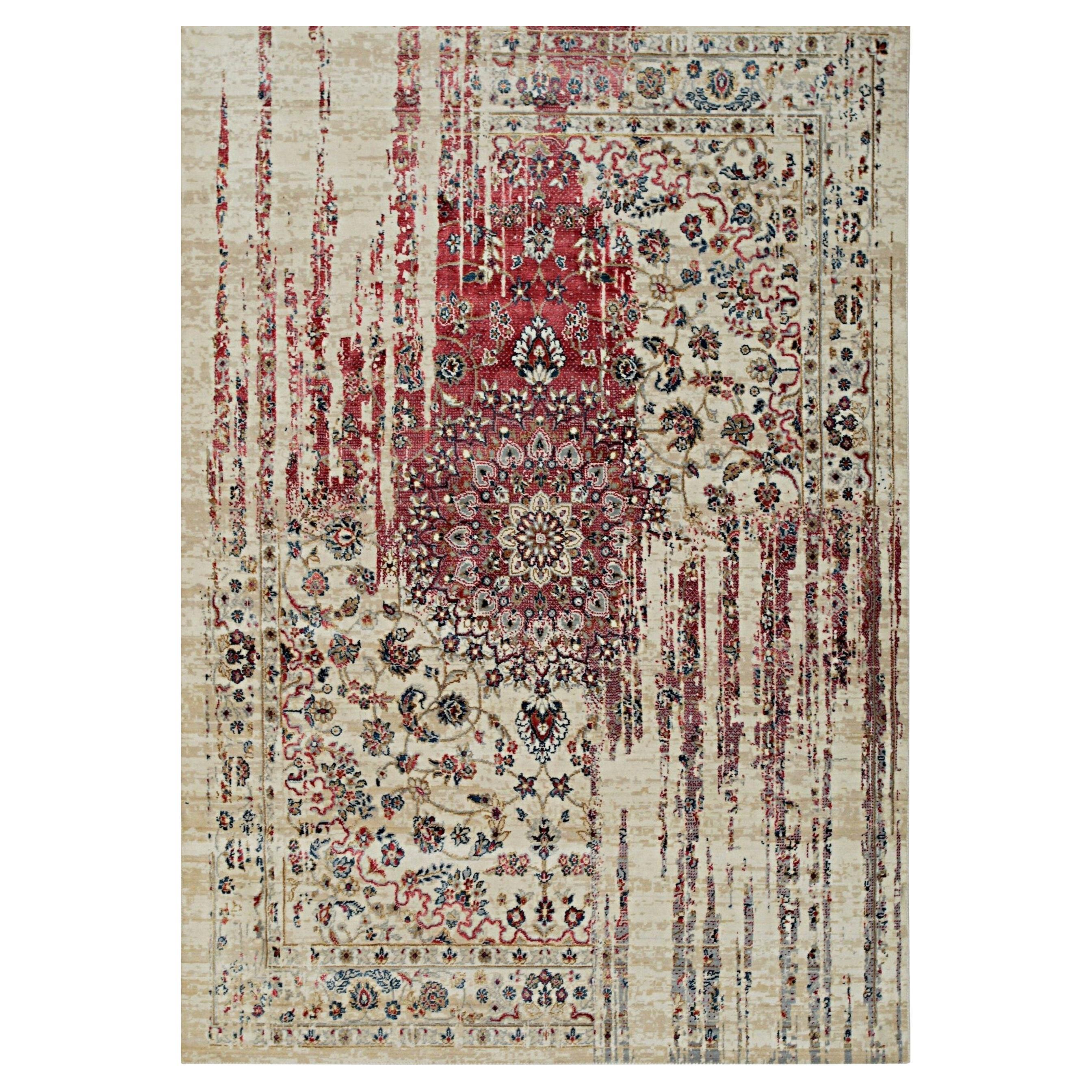 5x8 Ivory Machine Made Wool Viscose Floral Medallion Geometric Carpet Rug For Sale