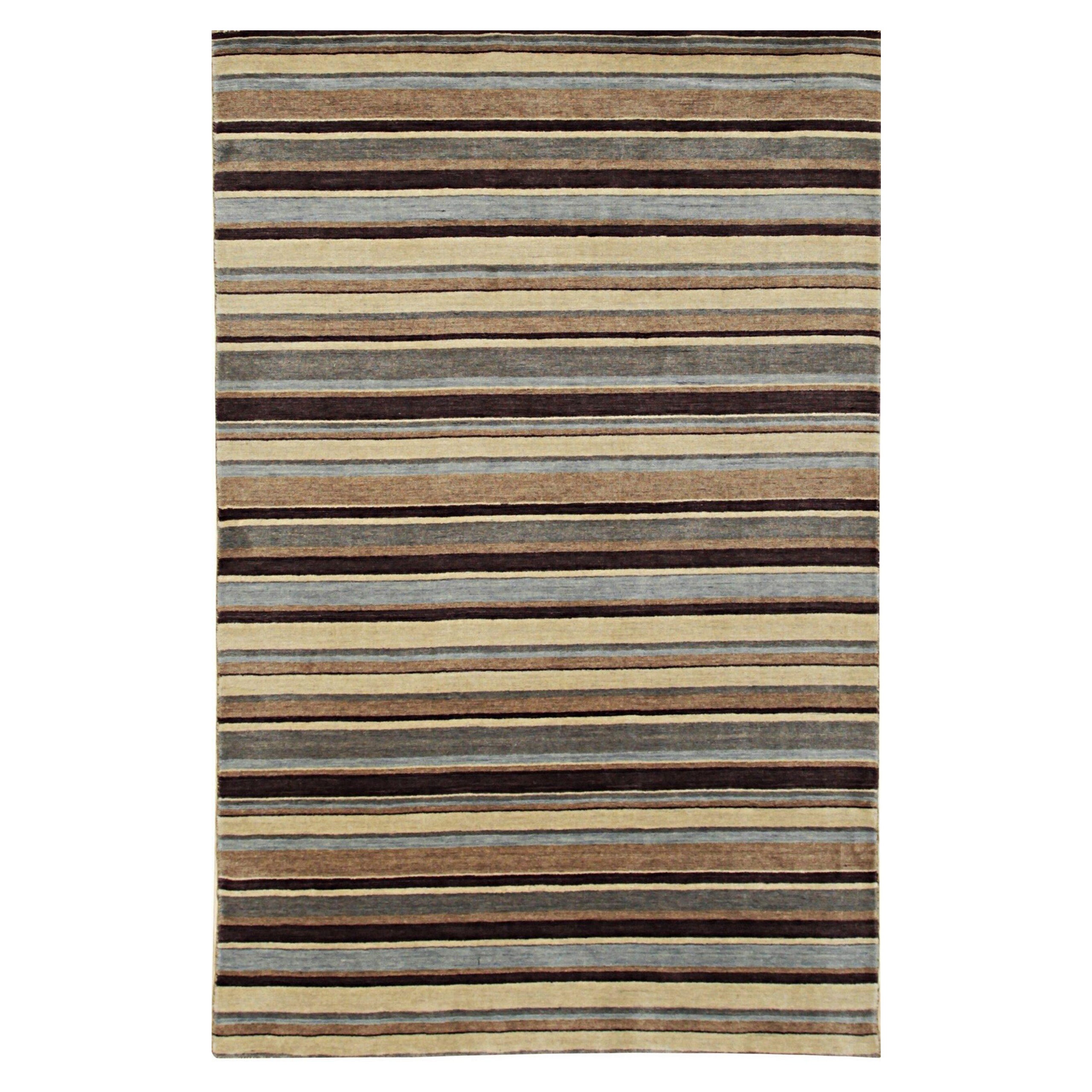 5x8 Multicolor Hand-Knotted Wool Earthy Banding Striped Modern Carpet Rug