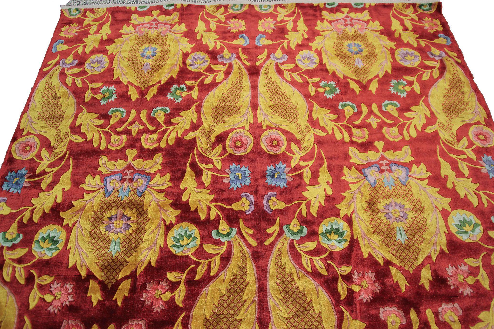Chinesischer Seidenteppich, Vintage, Jugendstil, Seide, Gold, geometrischer Gesamtteppich aus Seide (Handgeknüpft) im Angebot
