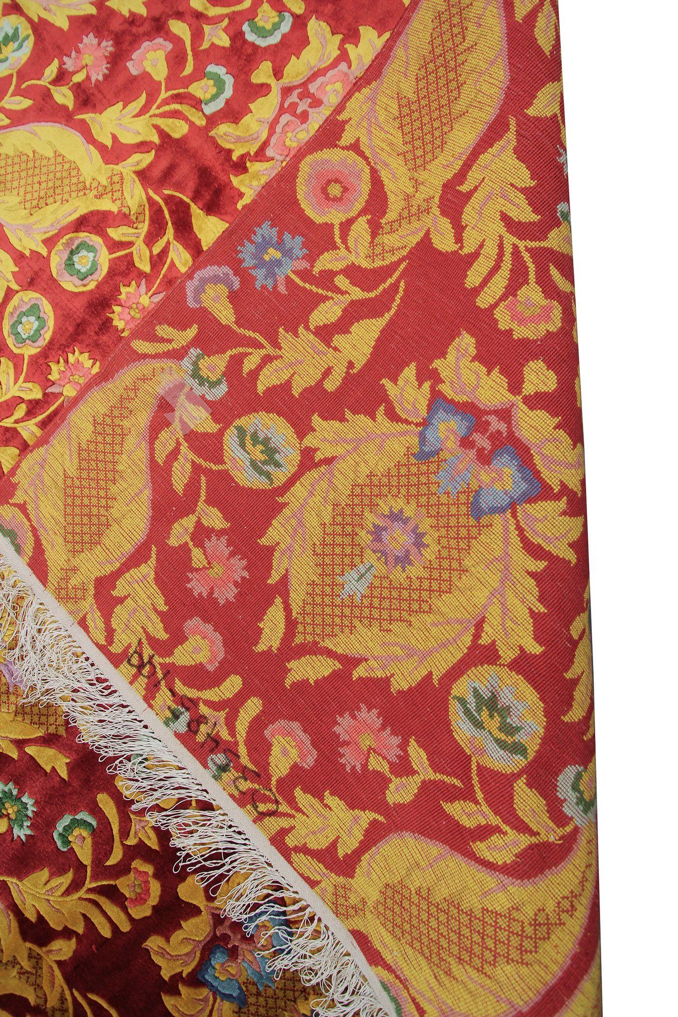 Chinesischer Seidenteppich, Vintage, Jugendstil, Seide, Gold, geometrischer Gesamtteppich aus Seide (Mitte des 20. Jahrhunderts) im Angebot