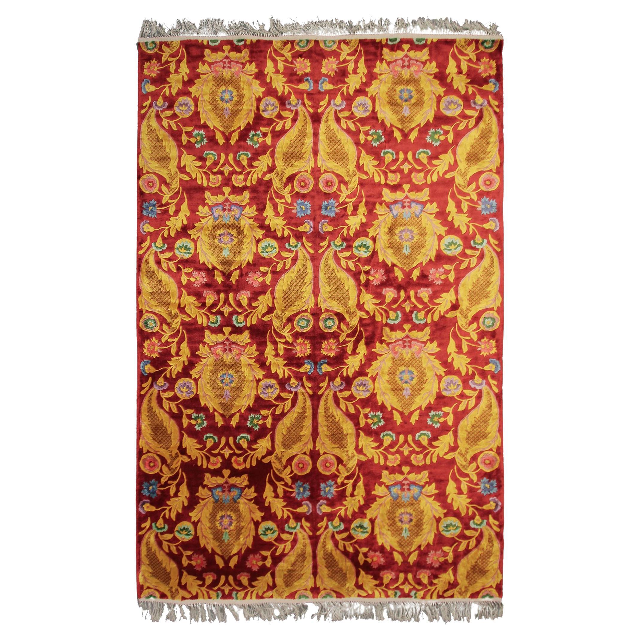 Silk Chinese Rug Gold Geometric Overall Silk Rug Vintage Art Nouveau Rug For Sale
