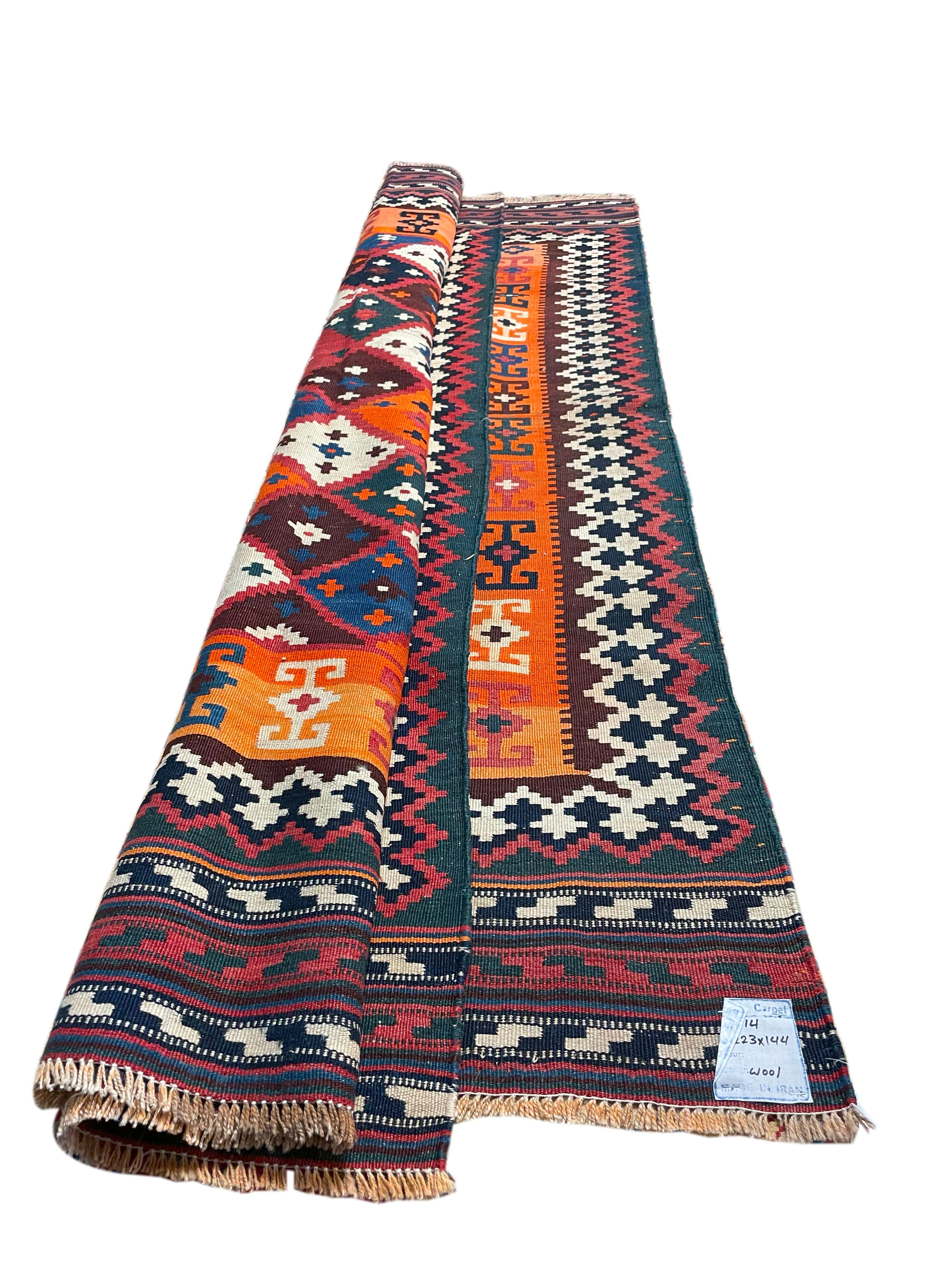 Incredible 50's Kashkooli Kilim. Perhaps one of our most intricate in this size, rich in motifs and borders. This beautiful piece is 100% tightly woven, naturally dyed wool. The Kashkooli subtribe of the Qashqai's weave the finest, most intricate