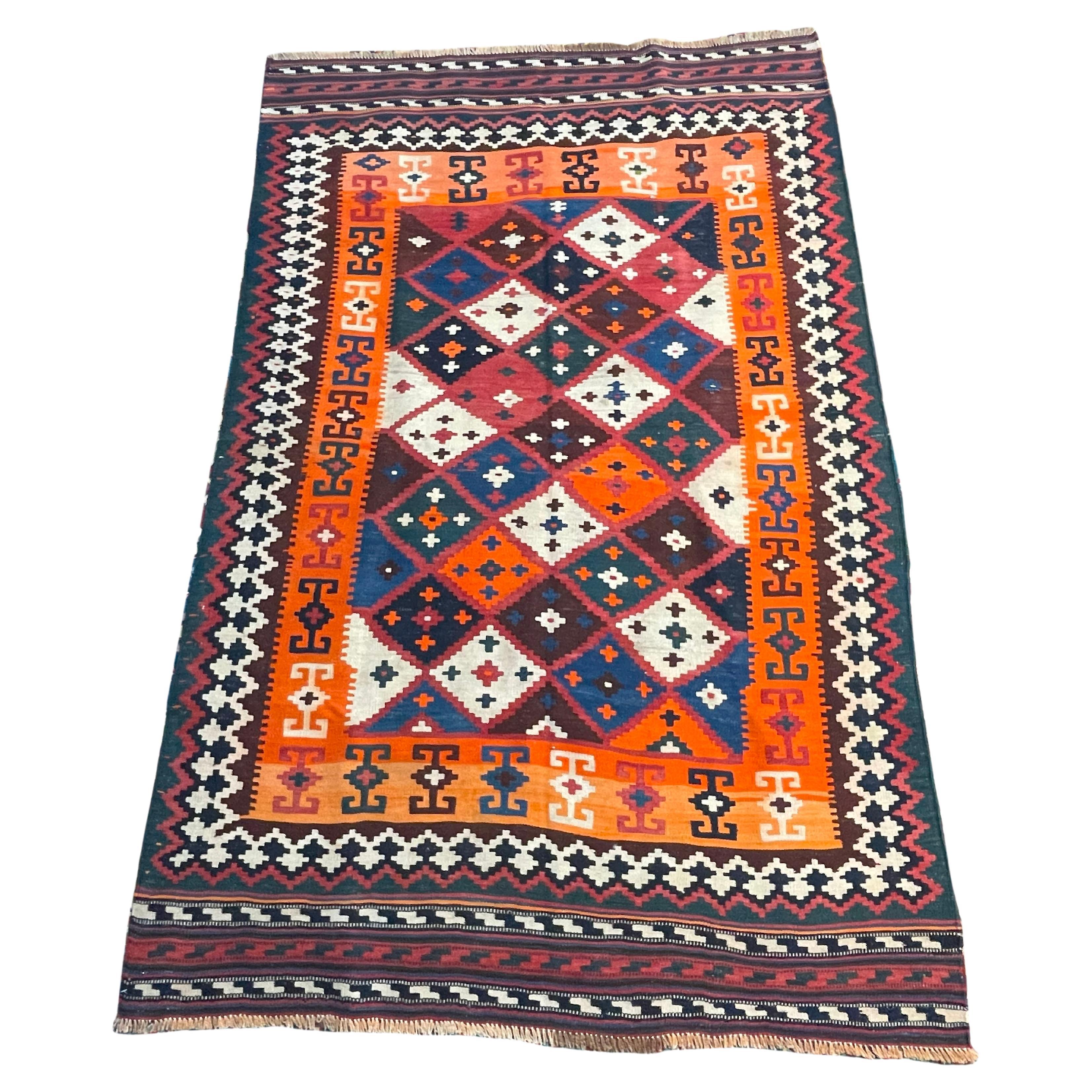 5'x8' Antique Qashqai - Kashkooli - Flatweave Wool Kilim - Vibrant  Colors For Sale