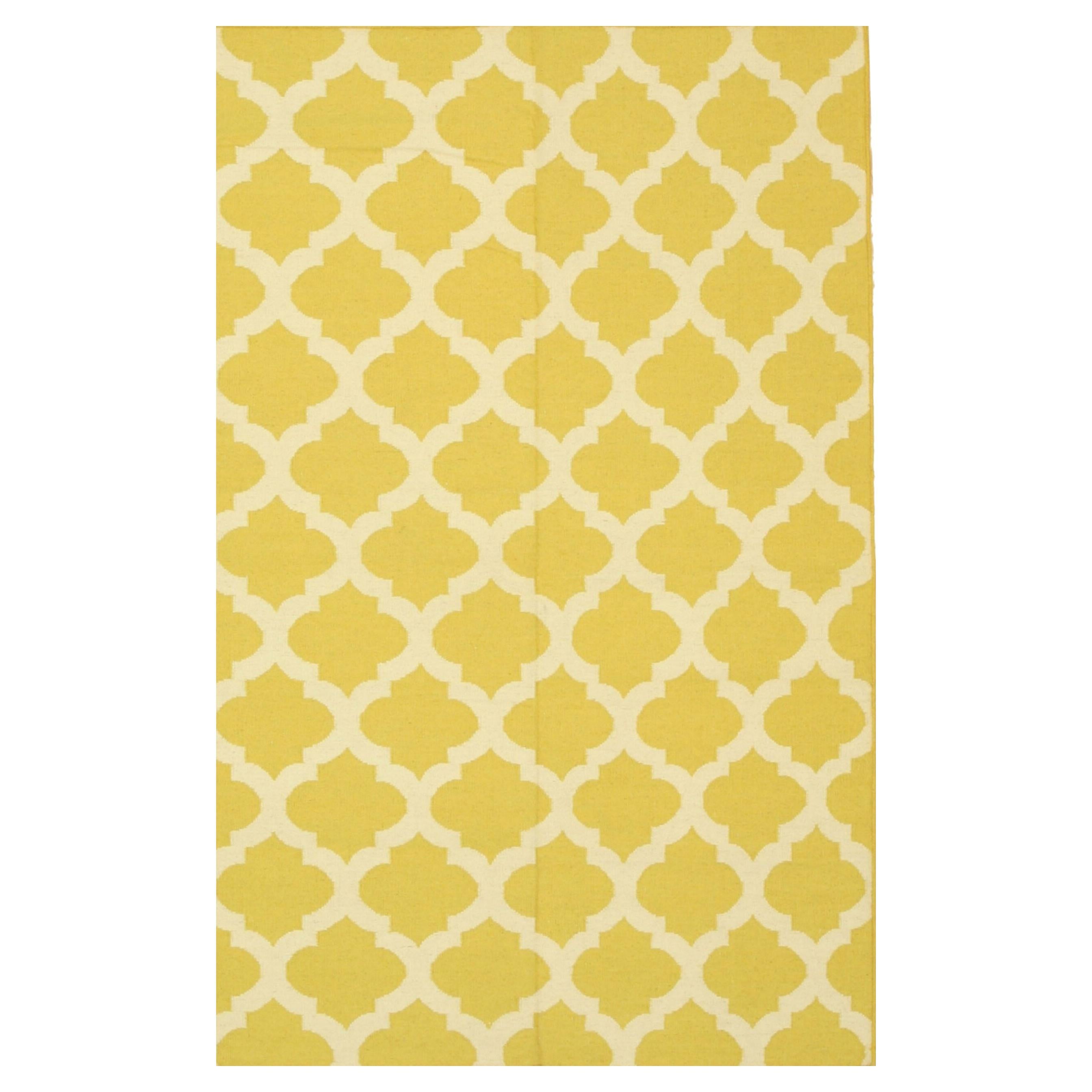 5x8 Yellow Flat Weave Wool Ogee Lattice Geometric Kilim Modern Carpet Rug