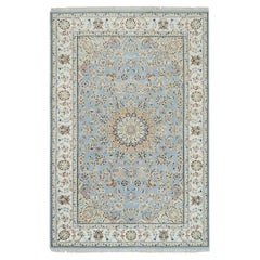 5'x8'1" Light Blue, Hand Knotted Nain Design, 250 KPSI Soft Wool Rug