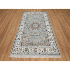 5'x8'1" Light Blue Wool and Silk Nain with Medallion Design Hand Knotted Rug