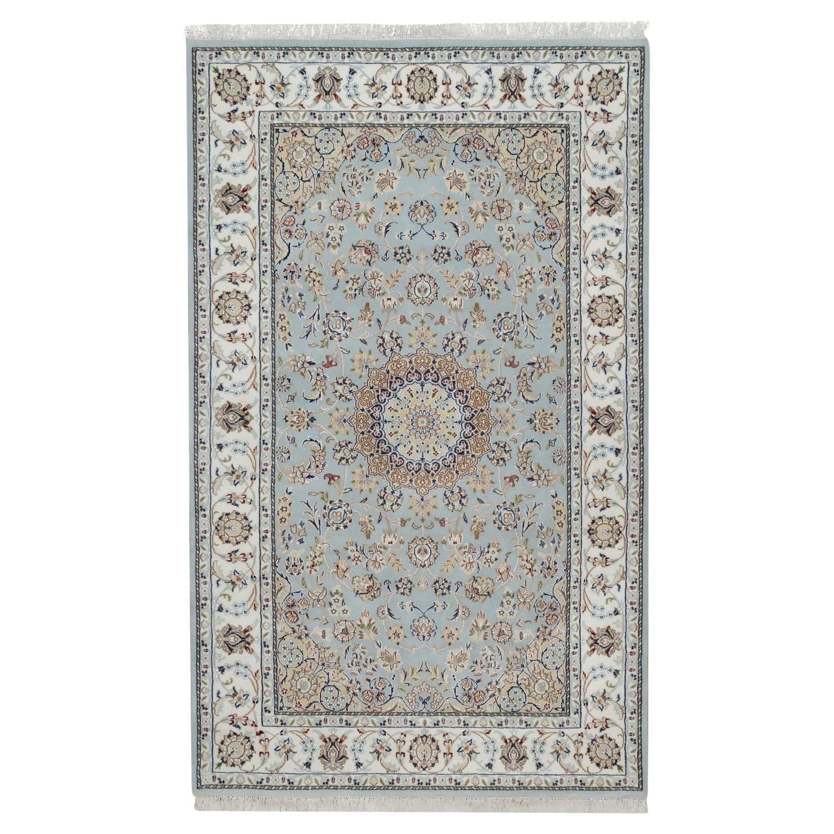 5
x8
1" Light Blue Wool and Silk Nain with Medallion Design Hand Knotted Rug For Sale