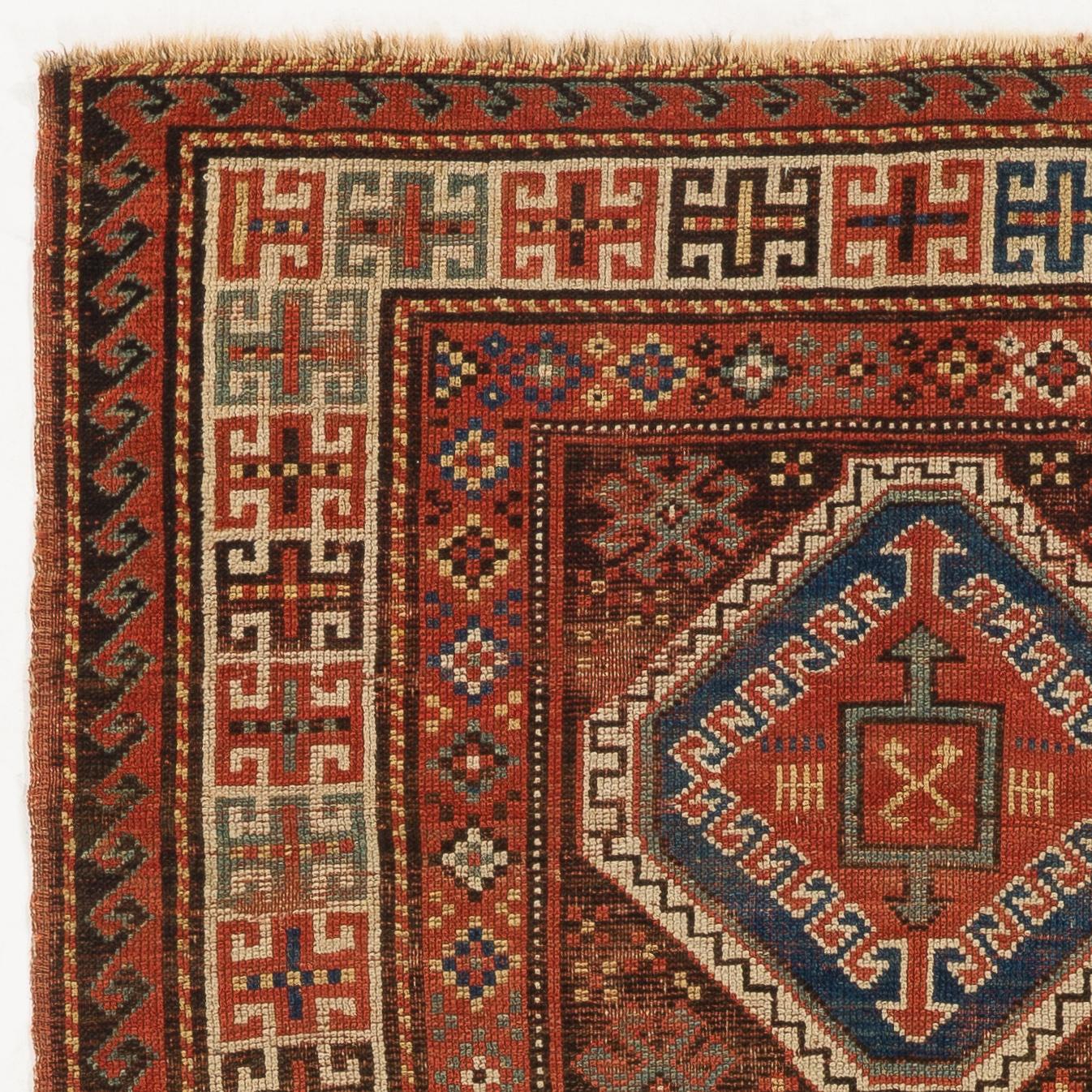 Turkish 5x8.2 ft Antique Caucasian Karabagh Kazak Long Rug, Ca 1870 For Sale