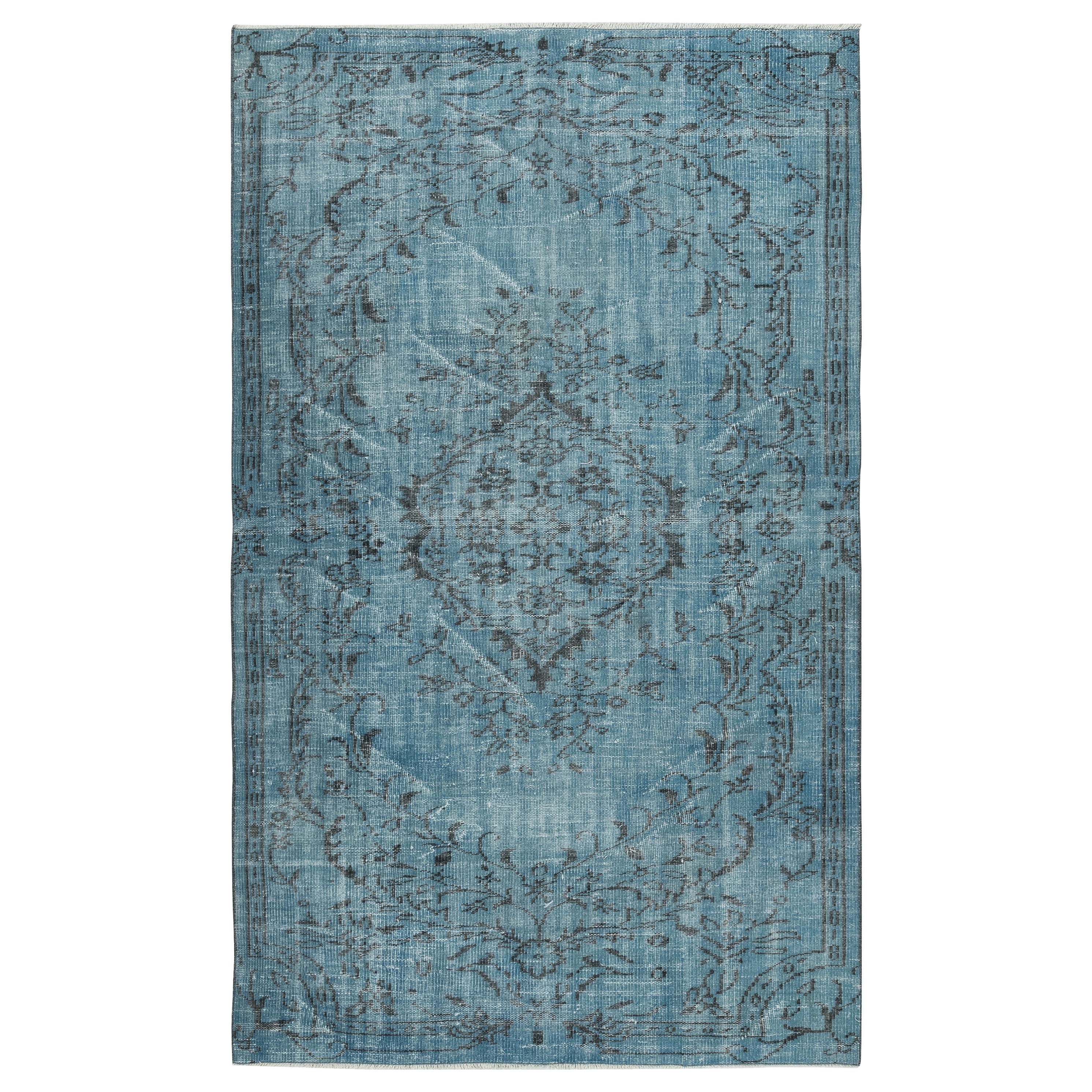Handgefertigter türkischer Vintage-Teppich in Blaurot, 5x8.2 Ft, handgefertigt, für moderne Inneneinrichtung