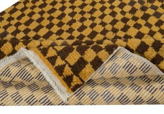 5x8.3 Ft New Handknotted Checkered Design Tulu Rug in Brown & Mustard. 100% Wool