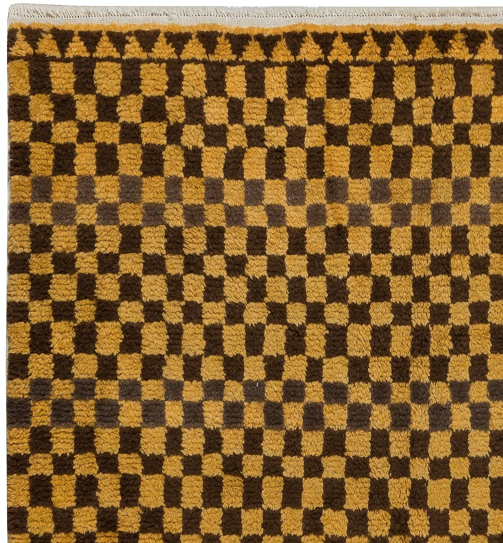Turkish 5x8.3 Ft Custom Handmade Checkered Design Tulu Rug in Brown & Mustard. All Wool For Sale