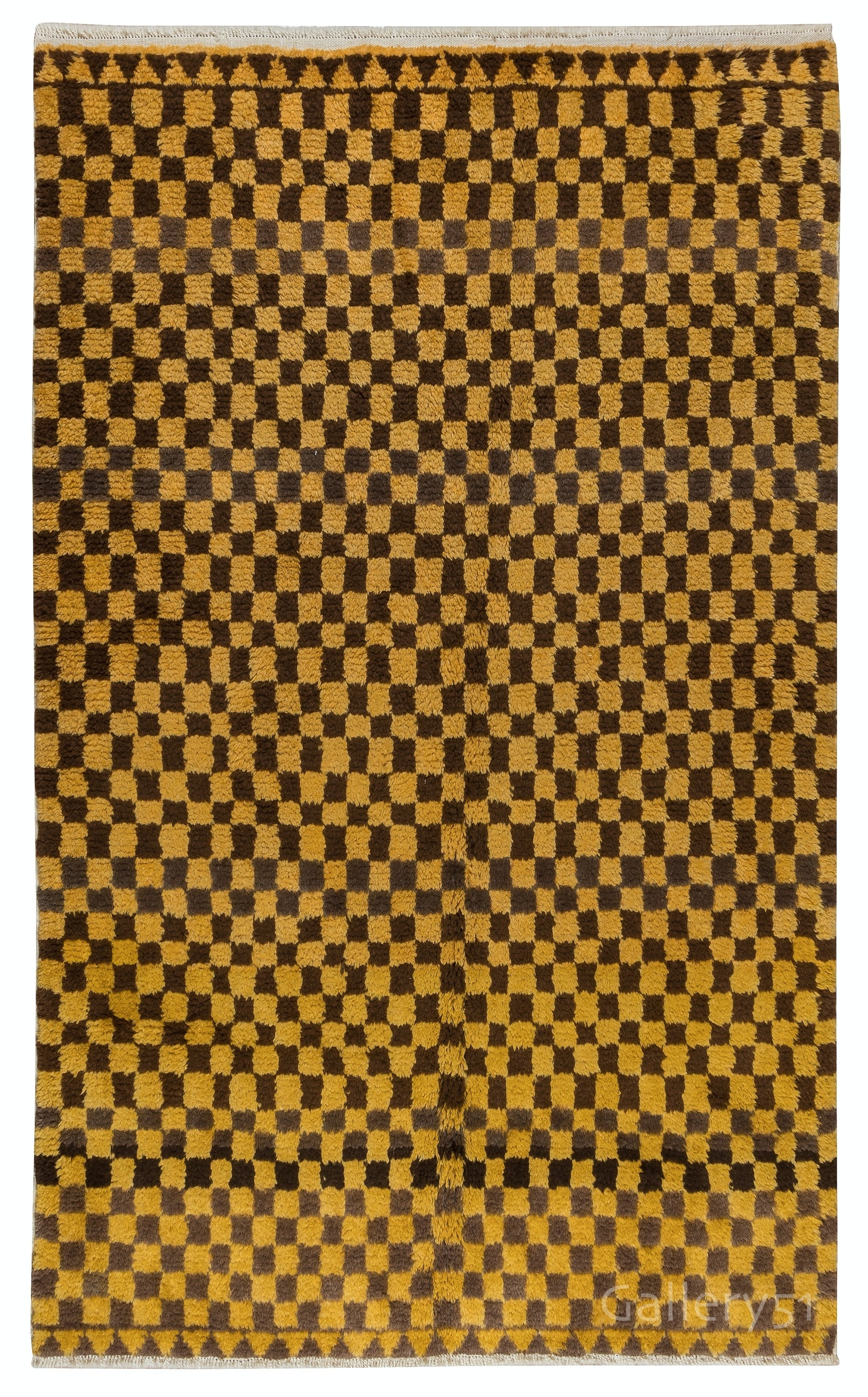 5x8.3 Ft Custom Handmade Checkered Design Tulu Rug in Brown & Mustard. All Wool For Sale