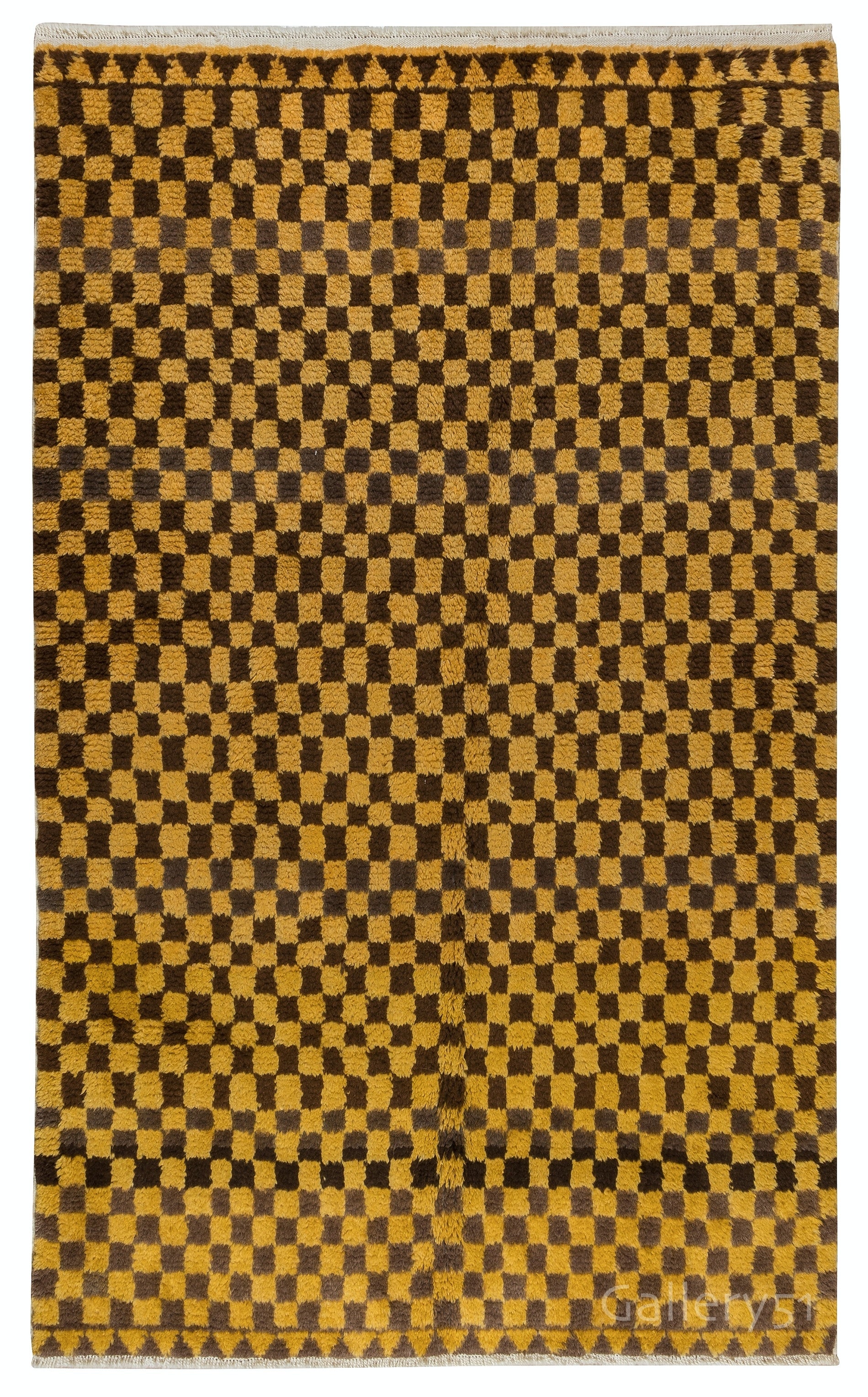 Alfombra Tulu de 5x8,3 pies con diseño a cuadros, hecha a mano, en marrón y mostaza. 100% Lana