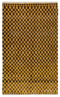 Antique 5x8.3 Ft Custom Handmade Checkered Design Tulu Rug in Brown & Mustard. All Wool