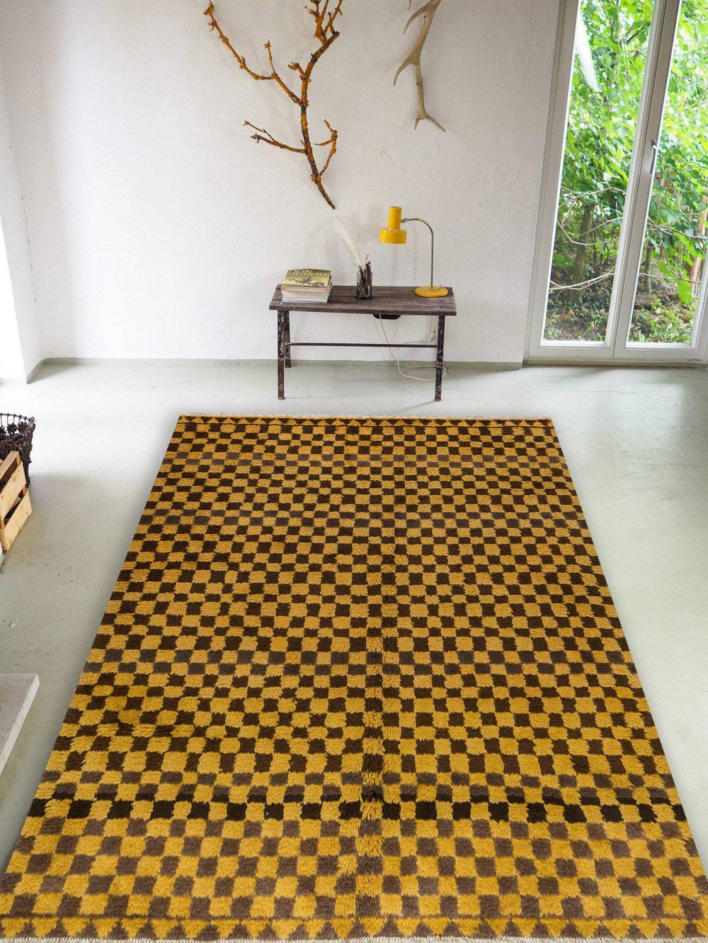 5x8.3 Ft New Handknotted Checkered Design Tulu Rug in Brown & Mustard. 100% Wool For Sale 5
