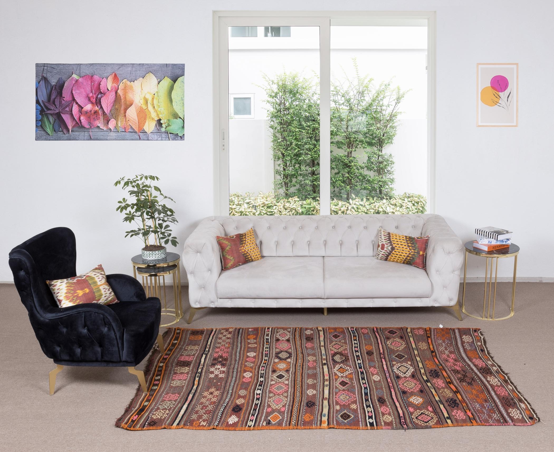 Turco 5x8.3 Ft Tappeto Kilim Vintage tessuto a mano, tappeto a trama piatta, 100% lana in vendita