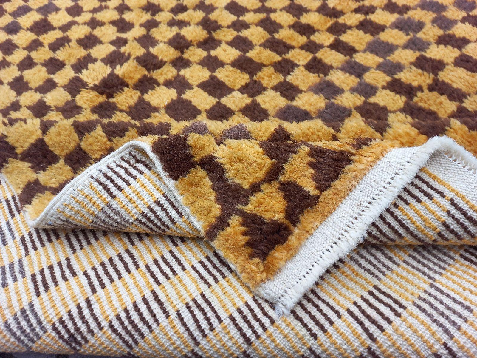 5x8.3 Ft Custom Handmade Checkered Design Tulu Rug in Brown & Mustard. All Wool For Sale 3