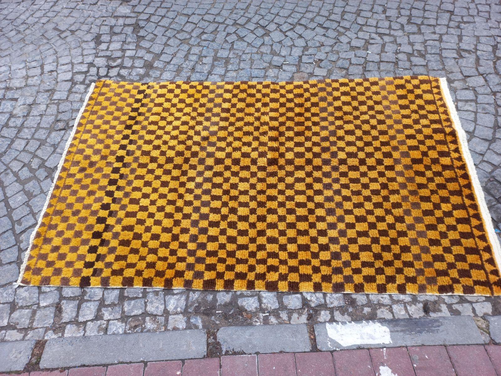 Hand-Knotted 5x8.3 Ft Custom Handmade Checkered Design Tulu Rug in Brown & Mustard. All Wool For Sale