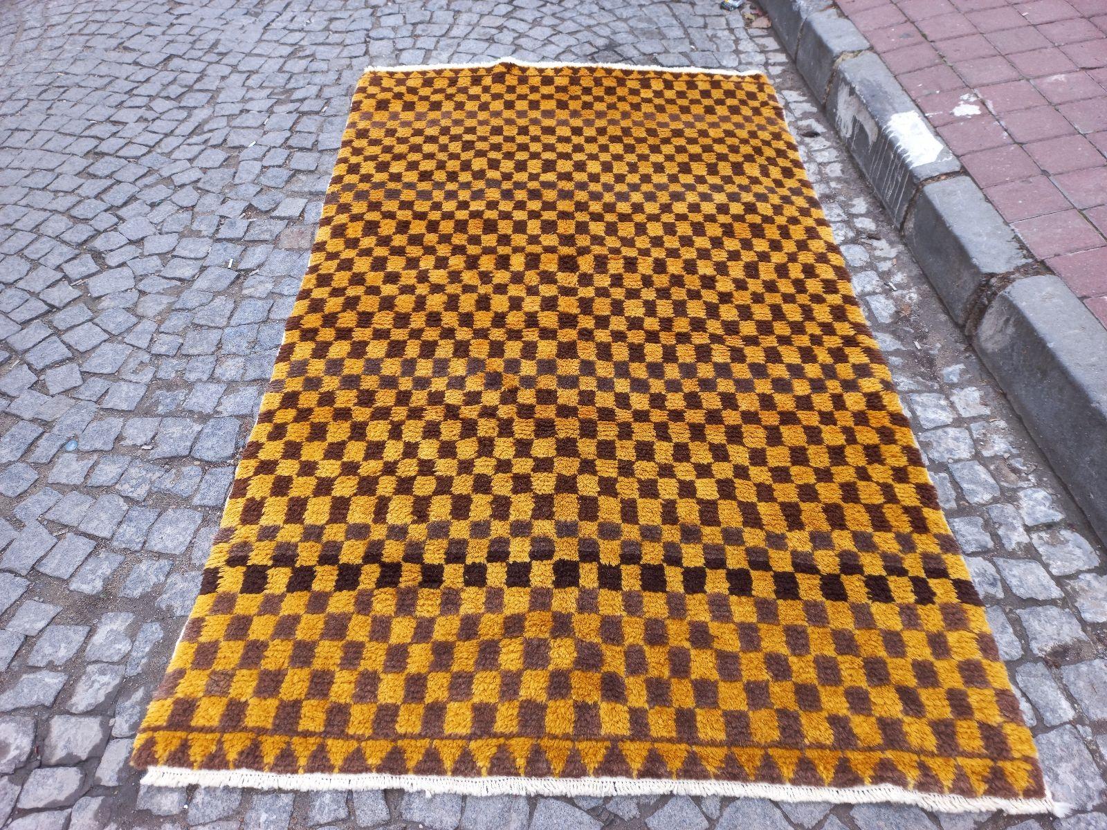 Contemporary 5x8.3 Ft Custom Handmade Checkered Design Tulu Rug in Brown & Mustard. All Wool For Sale