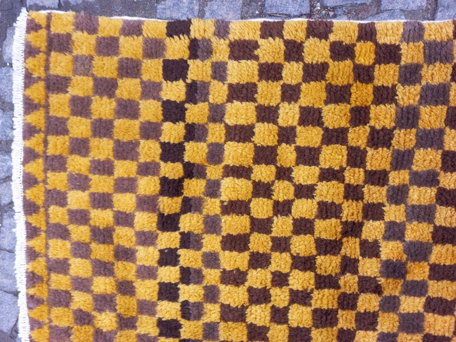 5x8.3 Ft Custom Handmade Checkered Design Tulu Rug in Brown & Mustard. All Wool For Sale 1