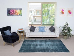 5x8.3 Ft Modern Area Rug Overdyed in Solid Blue, Hand-knotted in Turkey