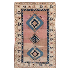 5x8.3 Ft Vintage Tribal Hand-knotted Wool Turkish Area Rug in Pink and Blue