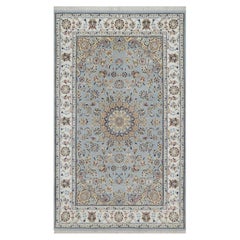 5'x8'3" Light Blue Wool and Silk Nain with Medallion Design Hand Knotted Rug