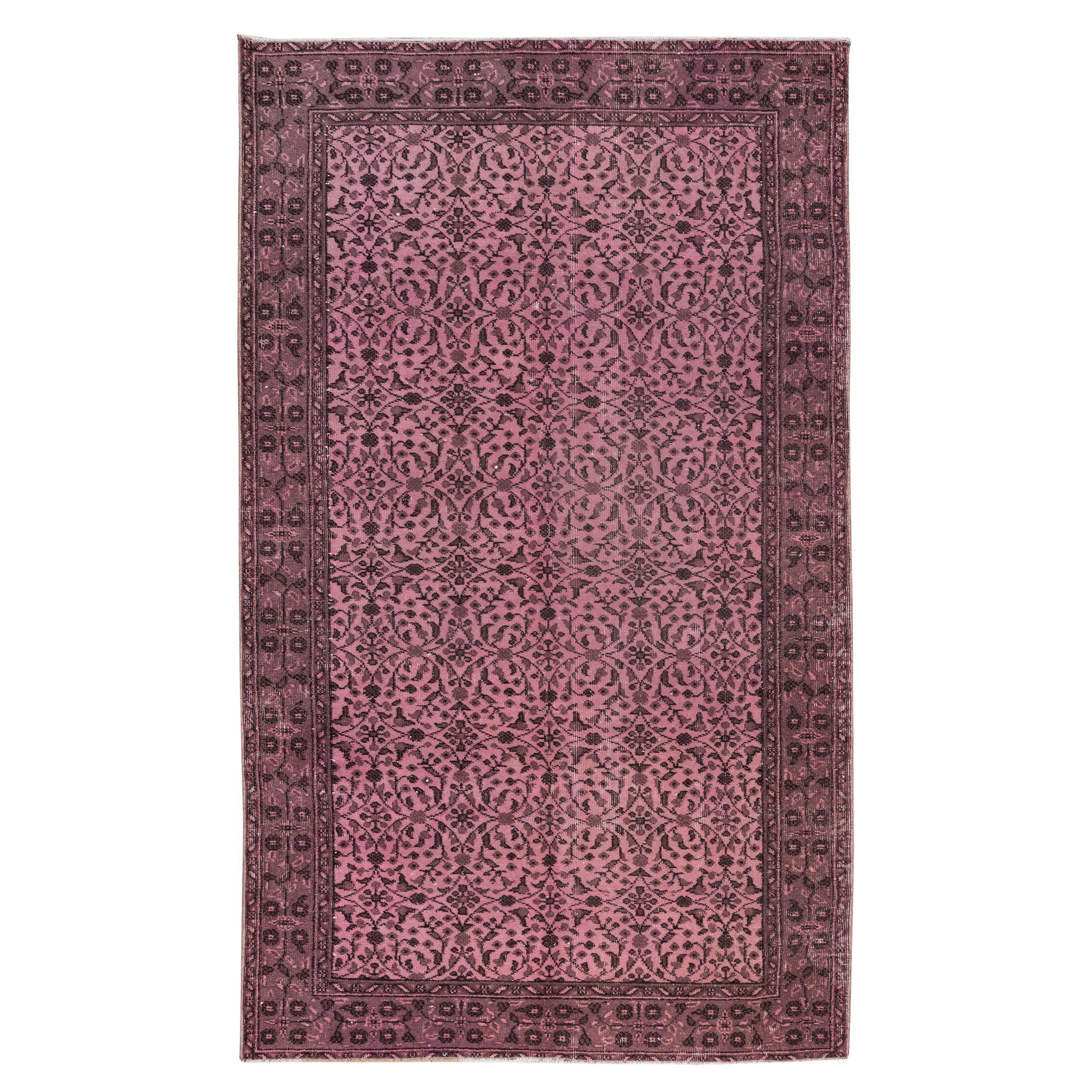 Vintage Handmade Turkish Area Rug OverDyed in Pink with Floral Design