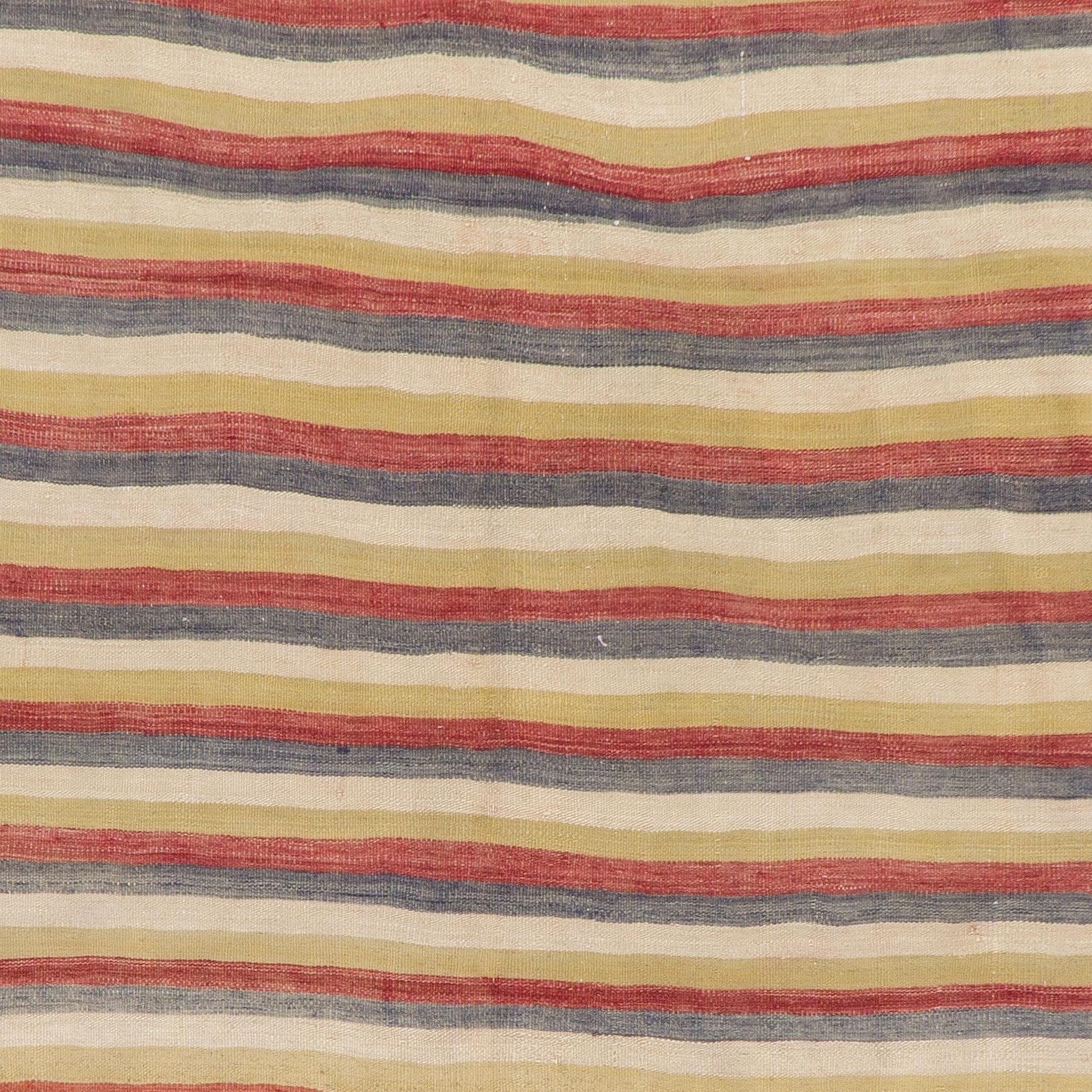 5x8.4 Ft Hand-Woven Vintage Turkish Kilim Rug 'Flat-Weave' with Striped Design In Good Condition For Sale In Spring Valley, NY